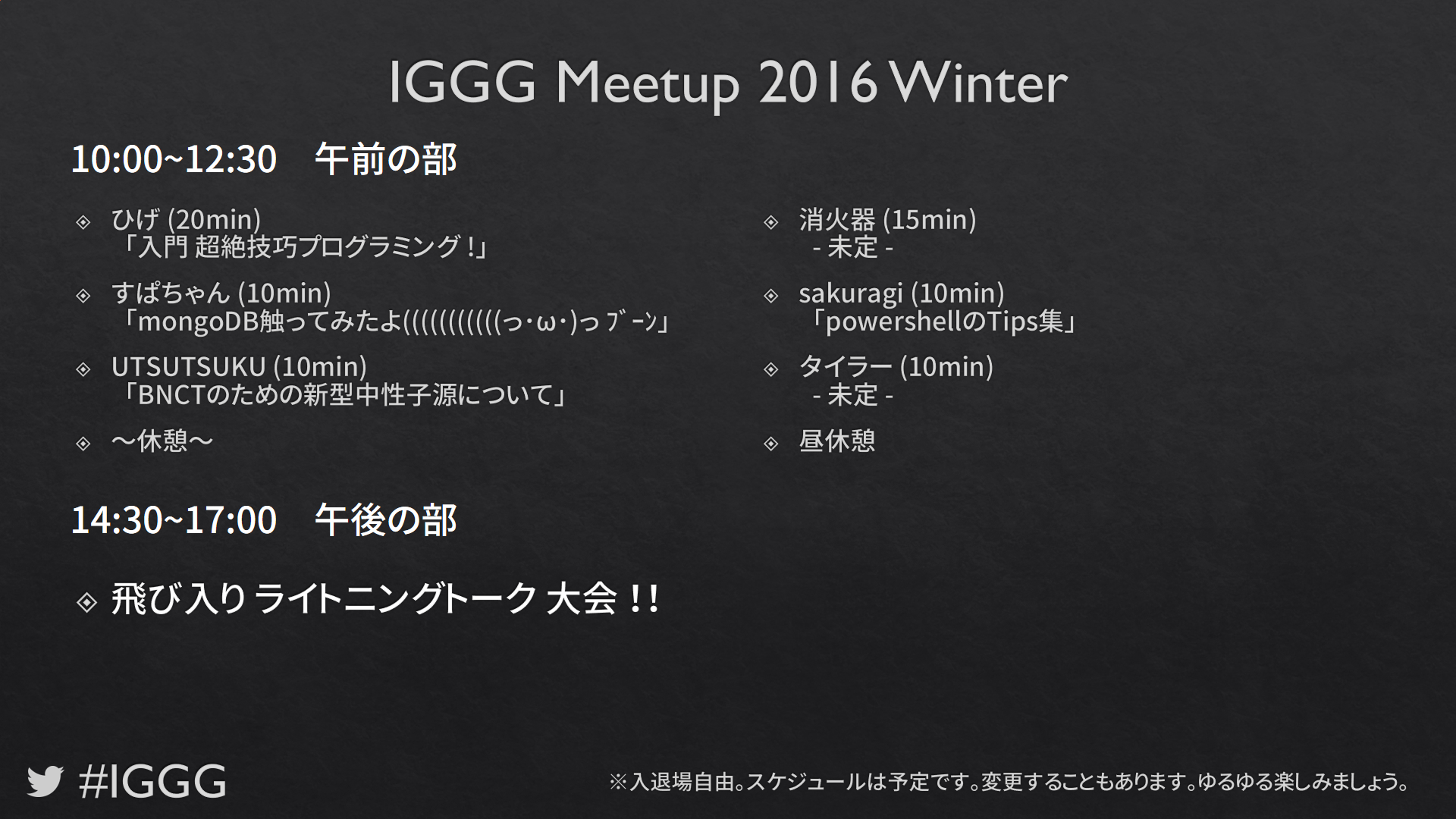 IGGG Meetup 2016 Winter のタイムスケジュール